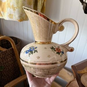 Antique Floral Ceramic Pitcher with Gold Accents